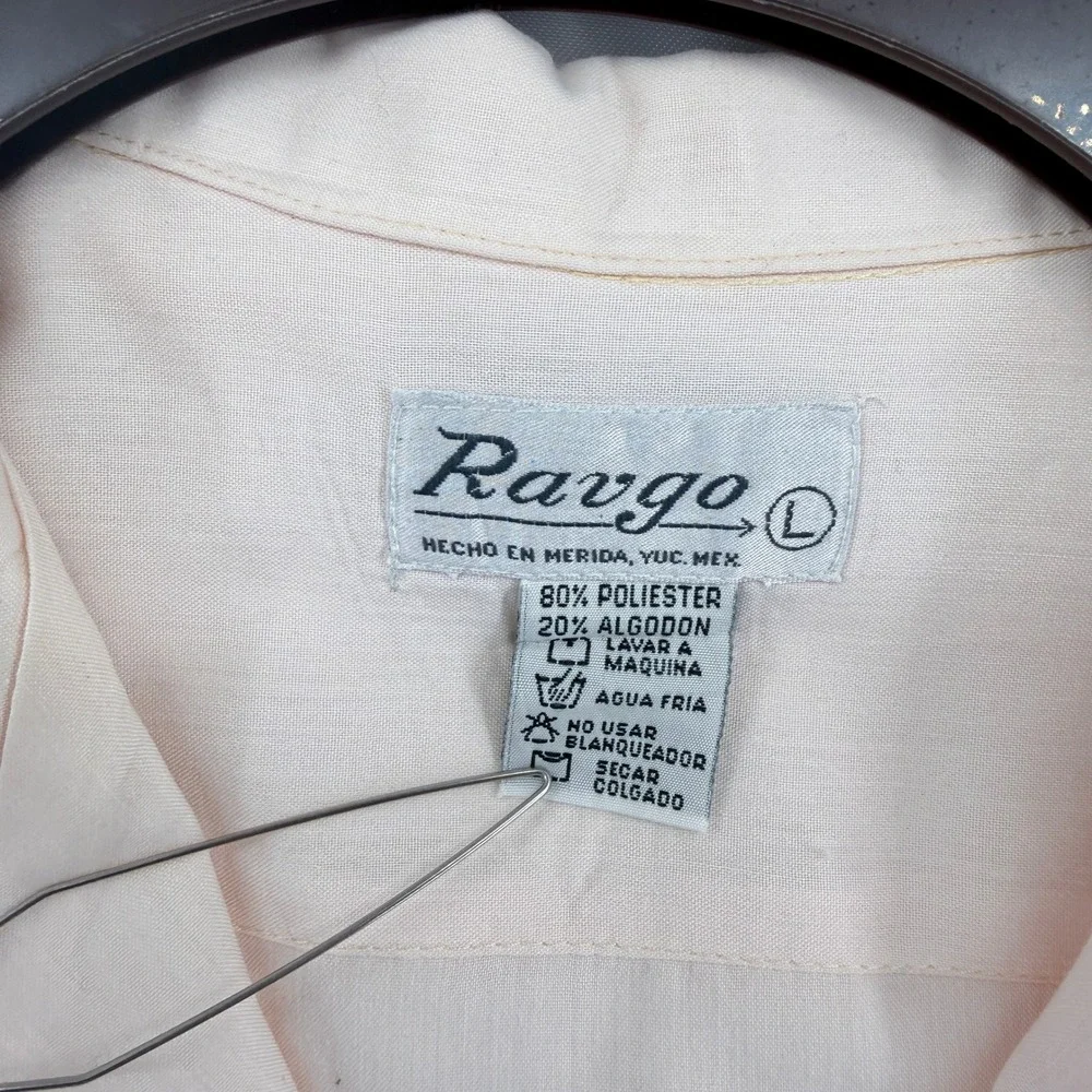 Ravgo Guayabera Shirt Mens Large Pink Poly Cotton Short Sleeve 4 Pocket Coastal